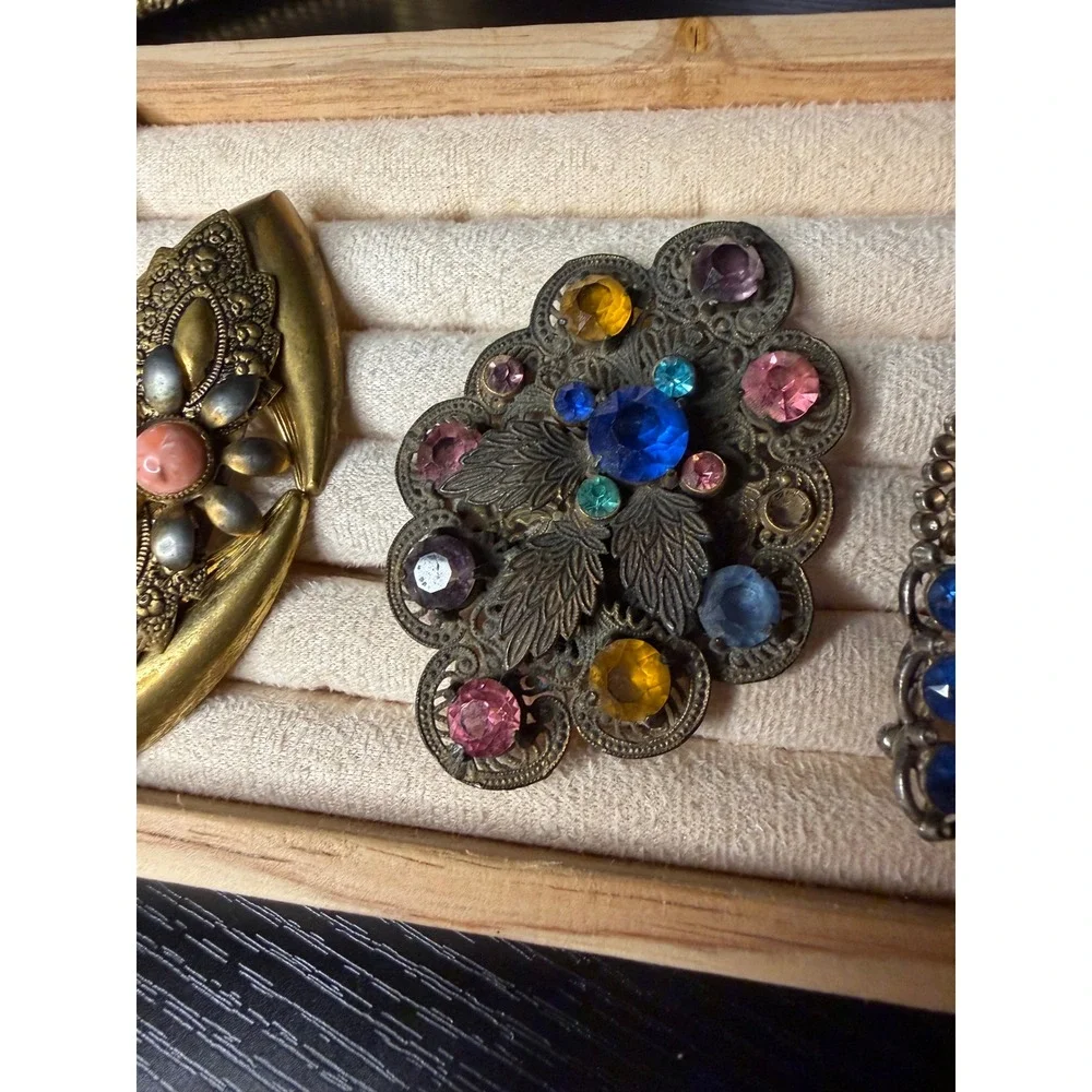 Vintage Art Deco Dress Clip Brooch Set Blue Rhinestone Filigree LN Signed 4pc